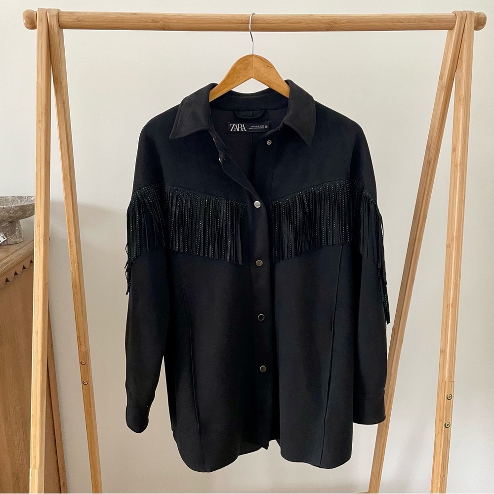 Zara Faux Suede Fringe Collared Shirt Jacket Shacket in Black - M